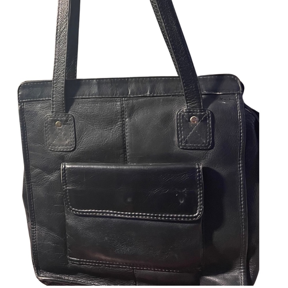 FRYE Leather Satchel Shoulder Bag Handbag Black Tote Handles Zip Snap Y2K Retro